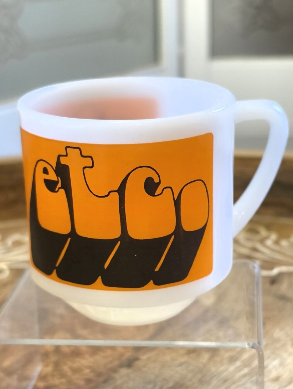 Vtg Federal Glass ETC Milk Glass Coffee Mug Retro Graphic Heat Proof